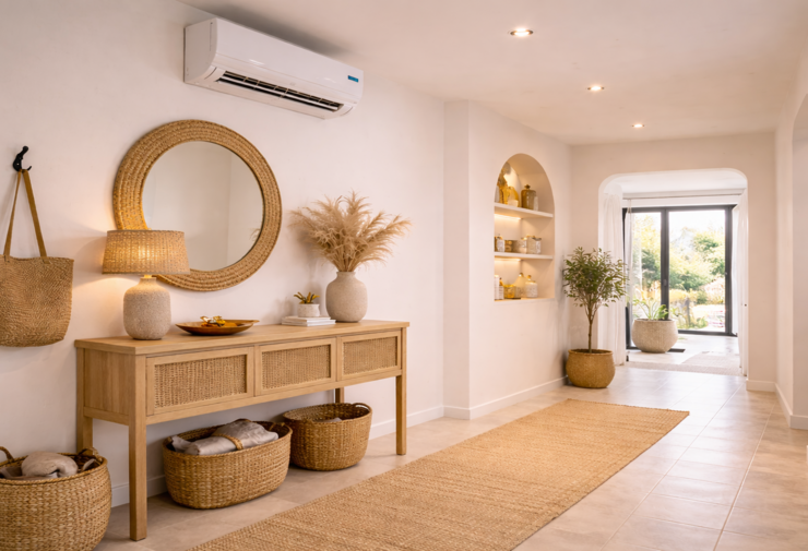 Couloir lumineux et moderne avec climatisation murale installée au-dessus d’une console en bois, décoration naturelle et ambiance chaleureuse.