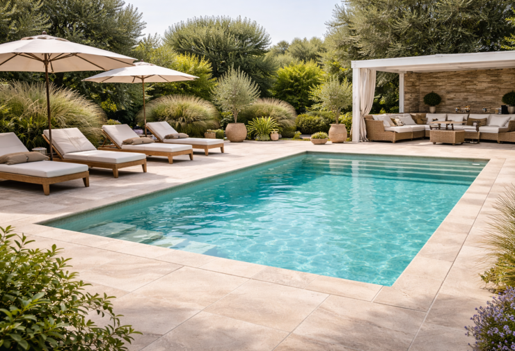 Terrasse de piscine moderne avec carrelage extérieur beige effet pierre, transats et jardin paysager dans un cadre lumineux et contemporain.
