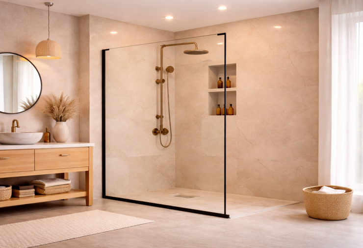 Paroi de douche à l’italienne avec verre transparent et profilé noir fin, robinetterie dorée, carrelage beige effet pierre et salle de bains moderne et épurée.