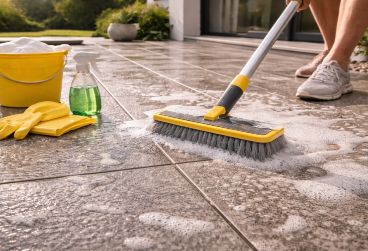 Nettoyage d’une terrasse en carrelage extérieur avec balai brosse, eau savonneuse et produits d’entretien, élimination des saletés pour un sol propre et durable.
